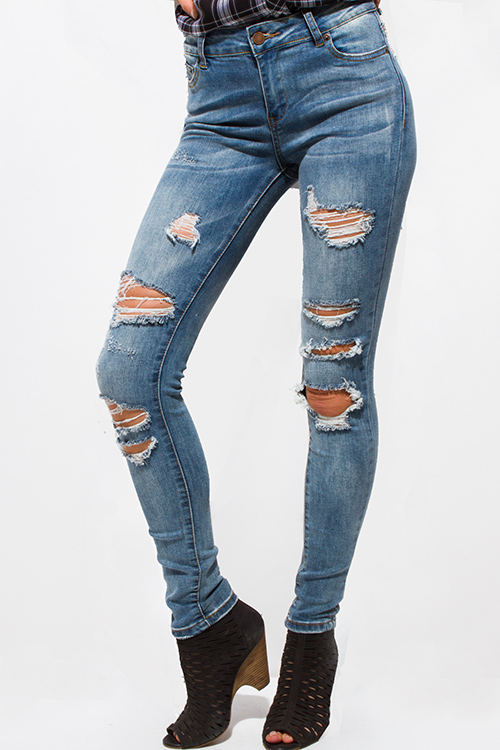 BLUE WASHED DENIM MID RISE DESTROYED RIPPED SKINNY JEANS – Des-Beaux