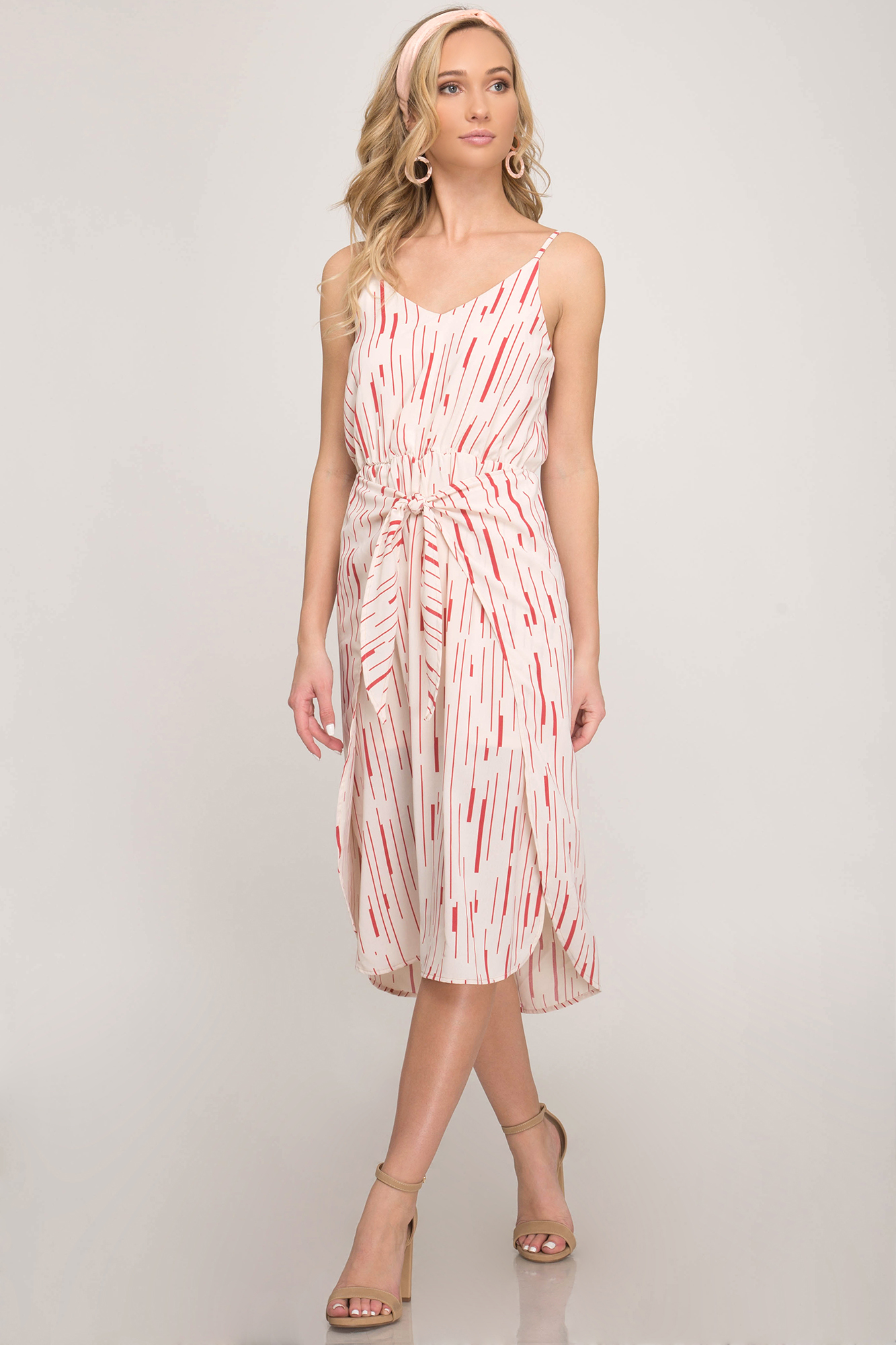 PRINTED WOVEN MIDI CAMI DRESS WITH FRONT WRAP DETAIL – Des-Beaux